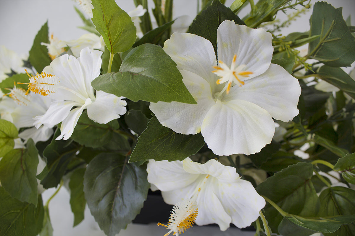 Centre de Table Hibiscus Blancs Pot Béton