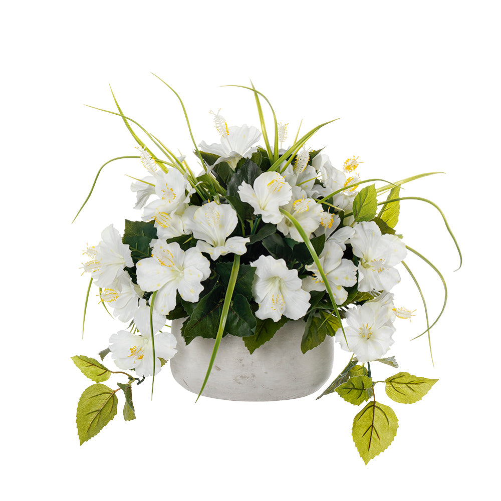 Centre de Table Hibiscus Blancs Pot Béton