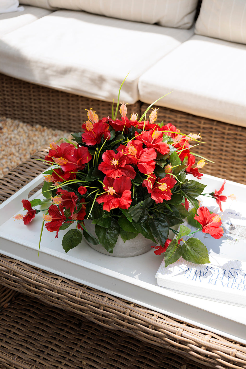 Centre de Table Hibiscus Rouges Pot Béton