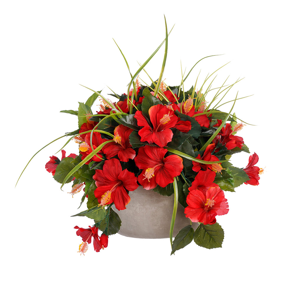 Centre de Table Hibiscus Rouges Pot Béton