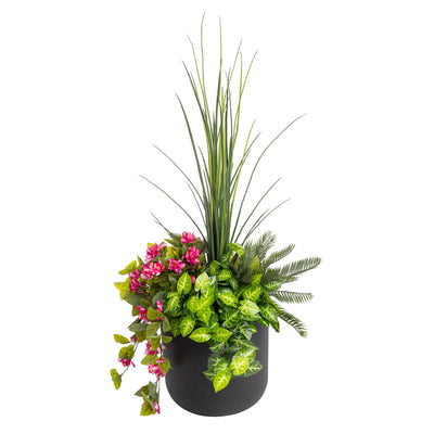 Jardinière d'Azalées Roses & Verdure Pot Noir Rond