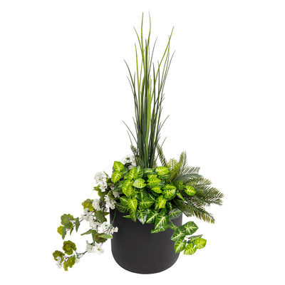 Jardinière Géraniums Blancs & Verdure Pot Noir Rond