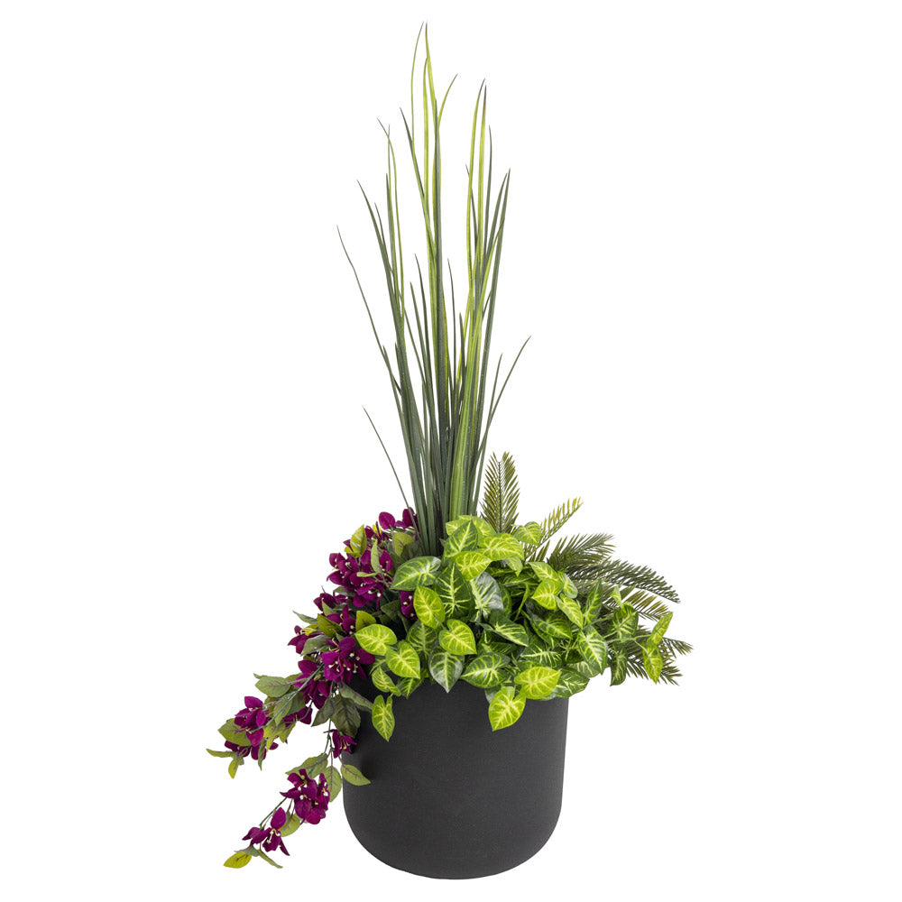 Jardinière Bougainvilliers mauves & verdure Pot Noir Rond