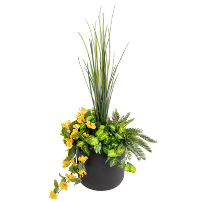 Jardinière d'Hibiscus Jaunes & Verdure Pot Noir Rond