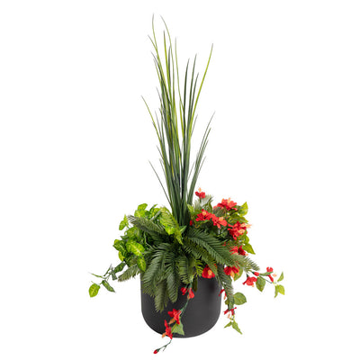Jardinière d'Hibiscus Rouges & Verdure Pot Noir Rond